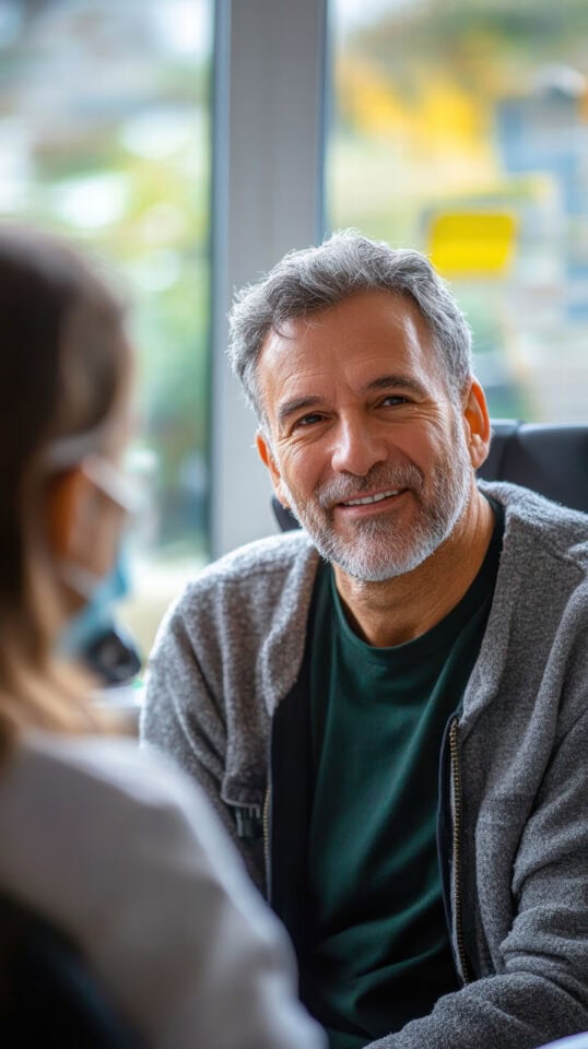 Smiling therapist talking with client during counseling session at Essential Therapy Group in New Jersey